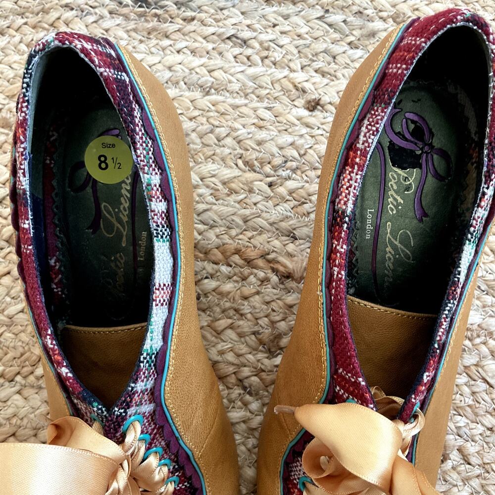 Poetic Licence London Women's Lace Up Heels Size 8.5 Tan Colorblock Block Pumps - Picture 12 of 13